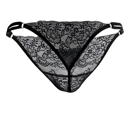 Candidman 99421x black lace g-string thong with floral pattern and adjustable straps shown from the back side