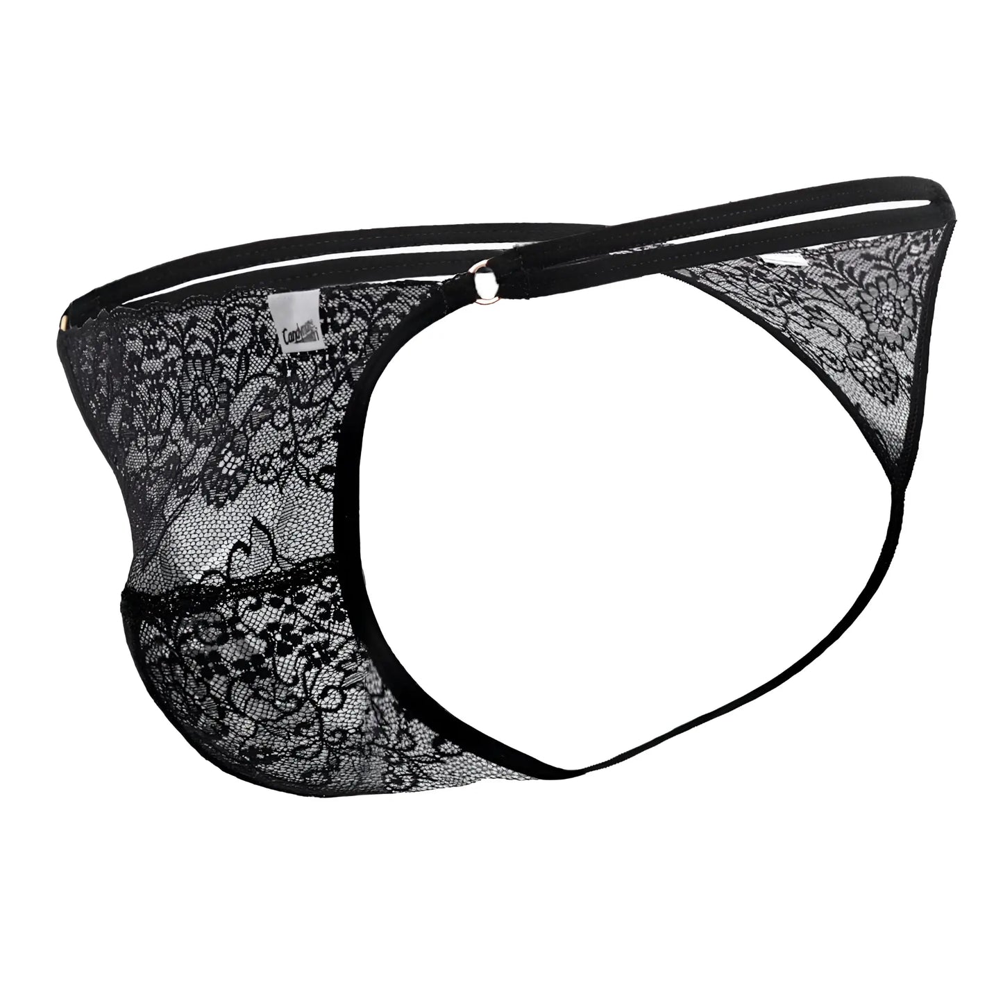 Black lace thong candyMan 99421X featuring intricate floral patterns and a solid black elastic waistband