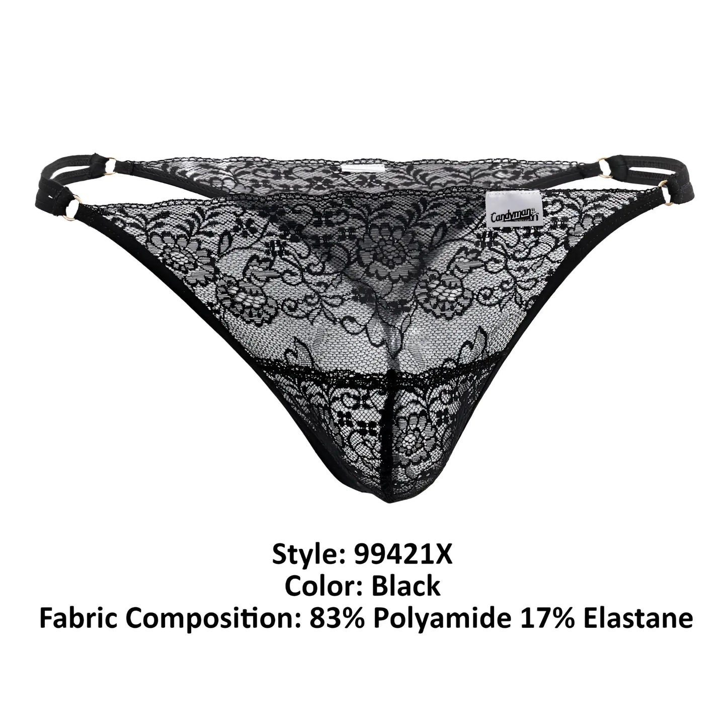 Black lace thong candyMan 99421X with intricate floral patterns and adjustable elastic straps in black