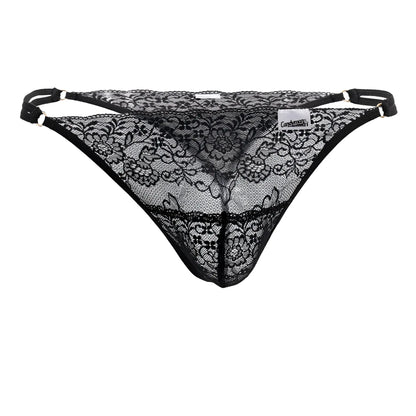 Black candy man 99421x lace g-string thong with intricate floral patterns and adjustable straps shown from the back
