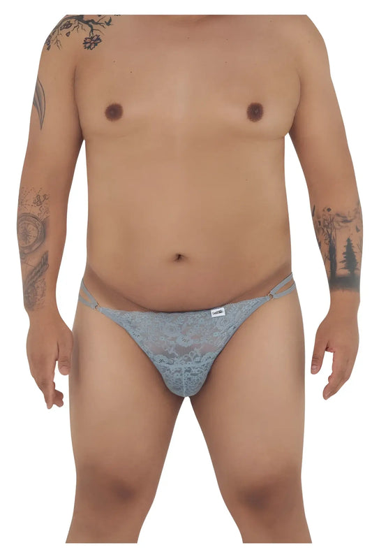 Light blue lace thong with delicate floral patterns and adjustable straps from Candyman 99421X lace g-string thongs gray
