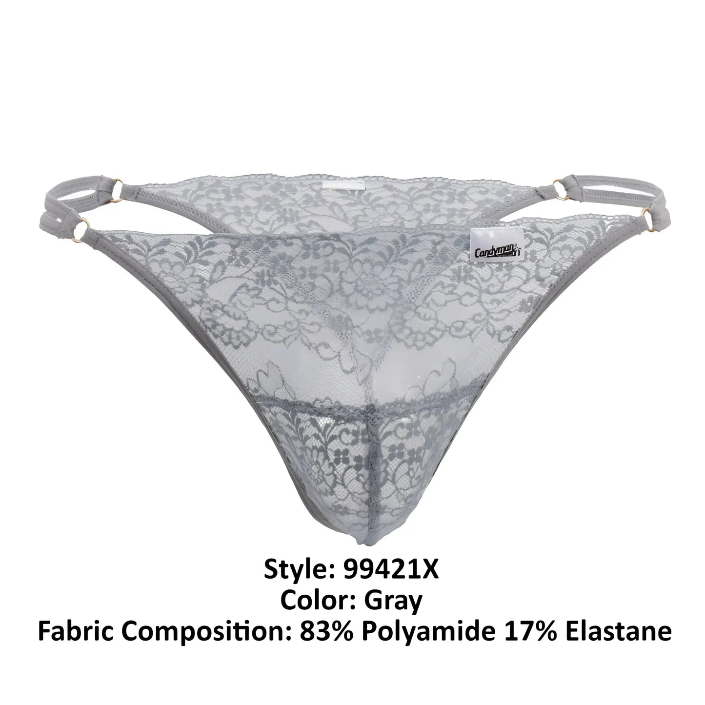 Gray lace thong with floral pattern and adjustable straps candyMan 99421X lace G-string thong in gray