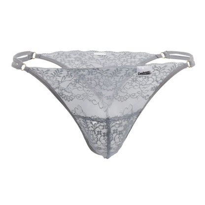 Gray lace g-string thong by candyman with intricate floral patterns and adjustable straps shown from the back side
