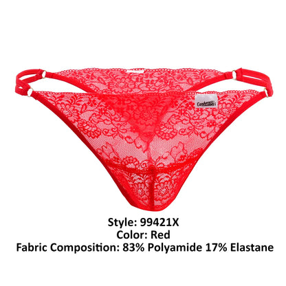 Red lace g-string thong candyMan 99421X with floral pattern and elastic straps showing back side