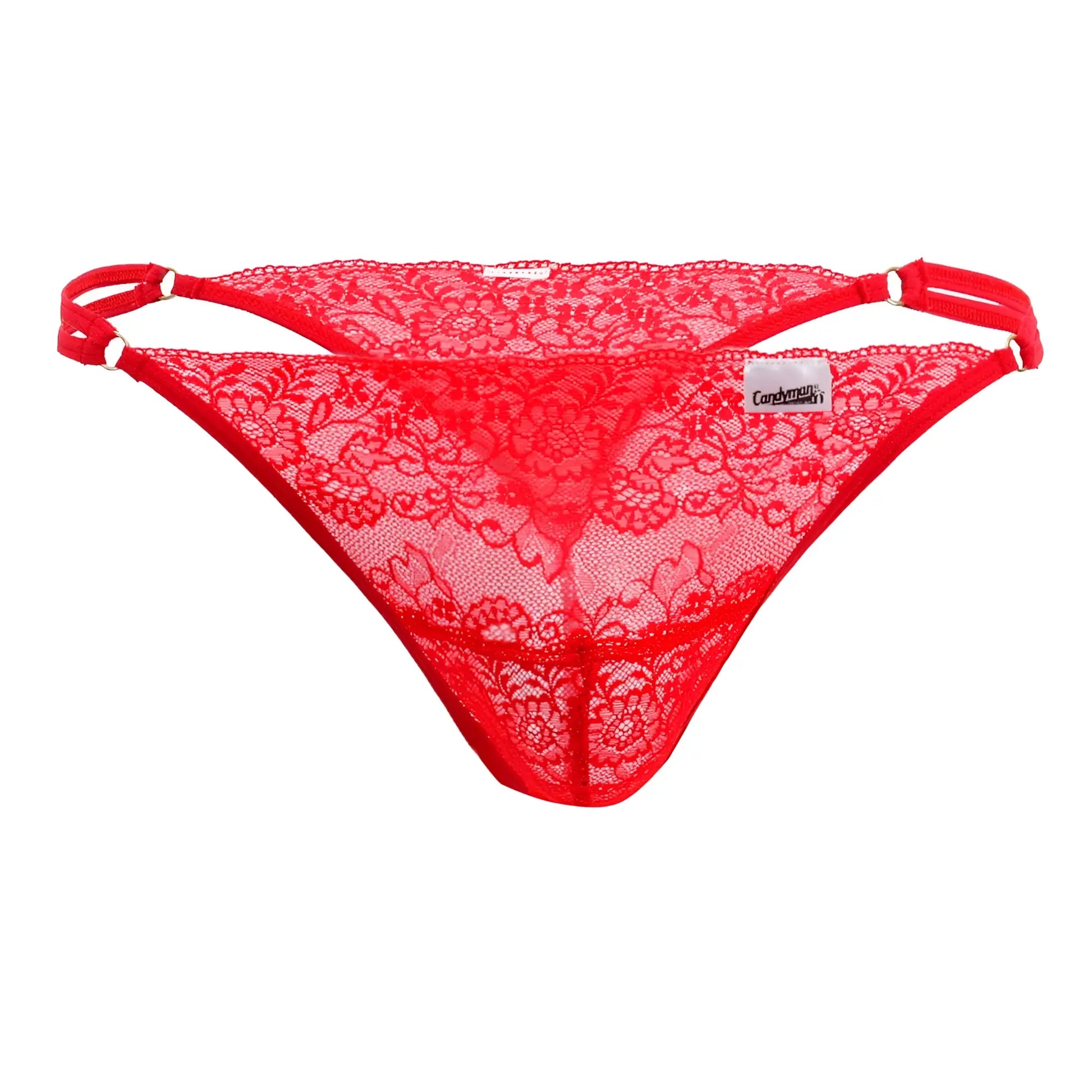 Red lace thong g-string with floral pattern and adjustable straps by candyman in vibrant red color shown from the back