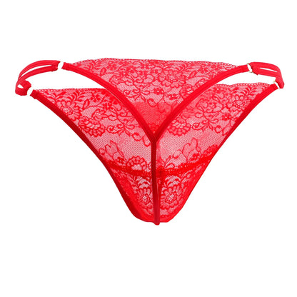 Red lace thong g-string with floral patterns and thin straps candyMan 99421X color red front view