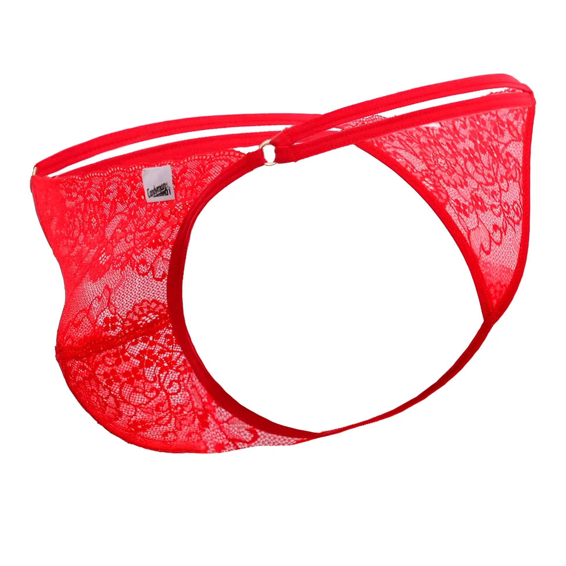 Red lace thong g-string with intricate floral patterns and metallic clasp by candyman in vibrant red color