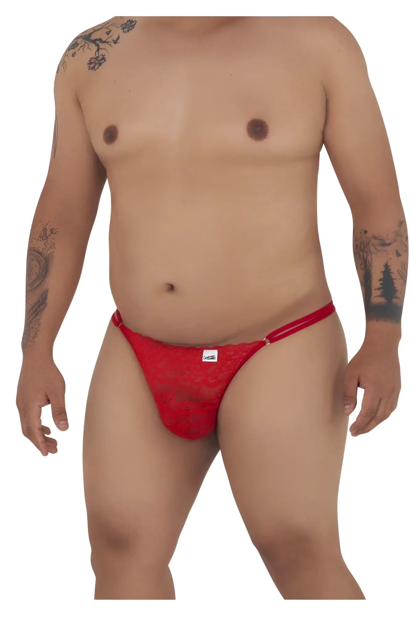 Red lace CandyMan 99421X g-string thong with subtle pattern and small white brand tag on waistband front view