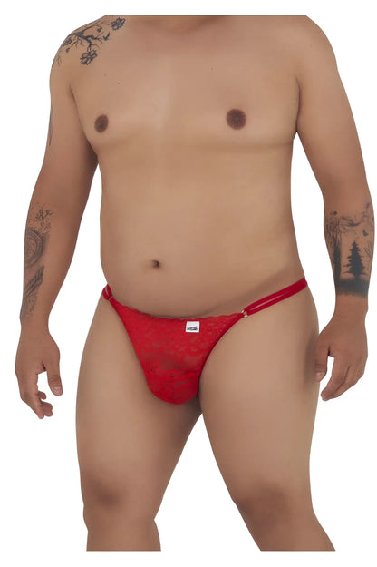 Red lace CandyMan 99421X g-string thong with subtle pattern and small white brand tag on waistband front view