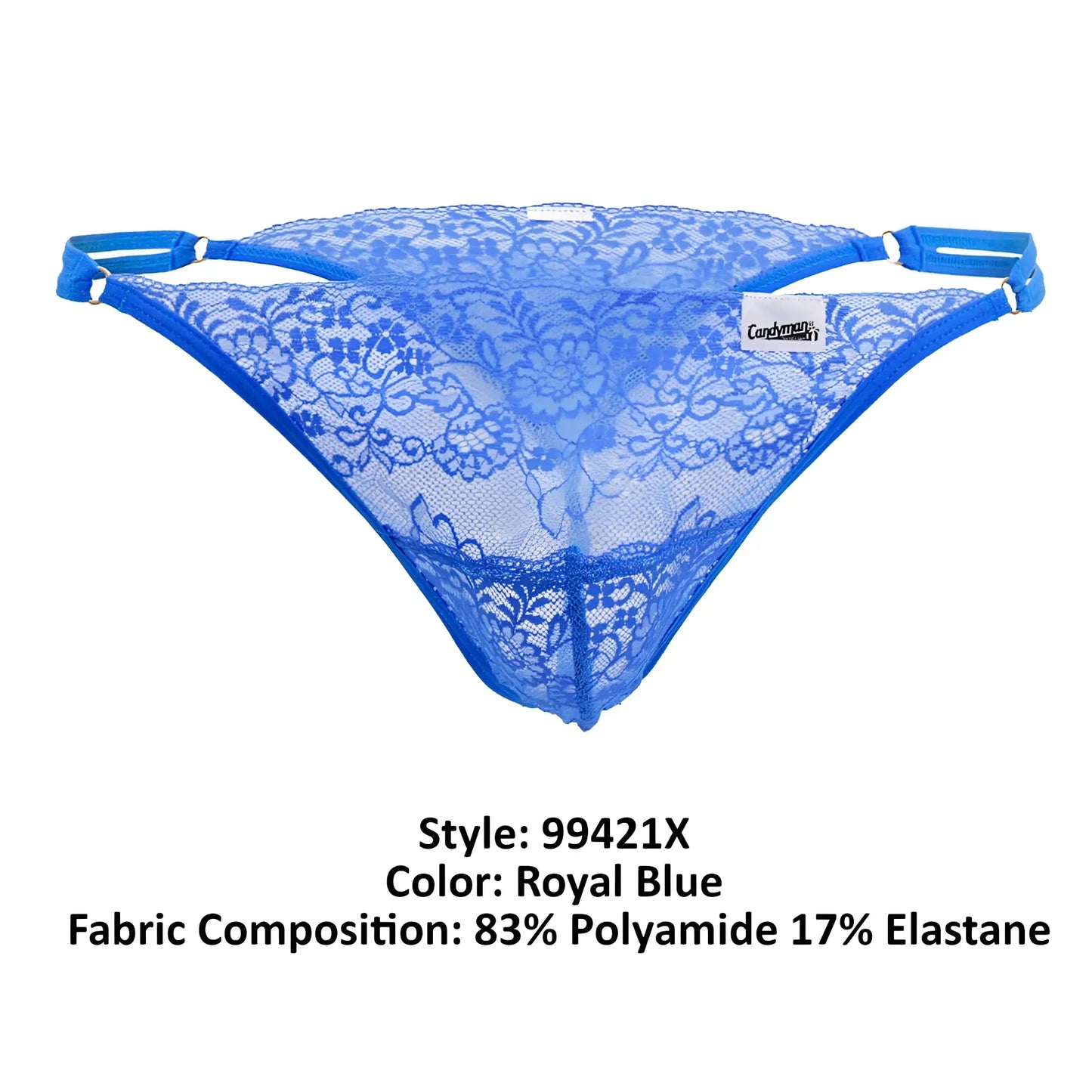 Royal blue lace g-string thong with floral pattern and elastic side straps CandyMan 99421X design