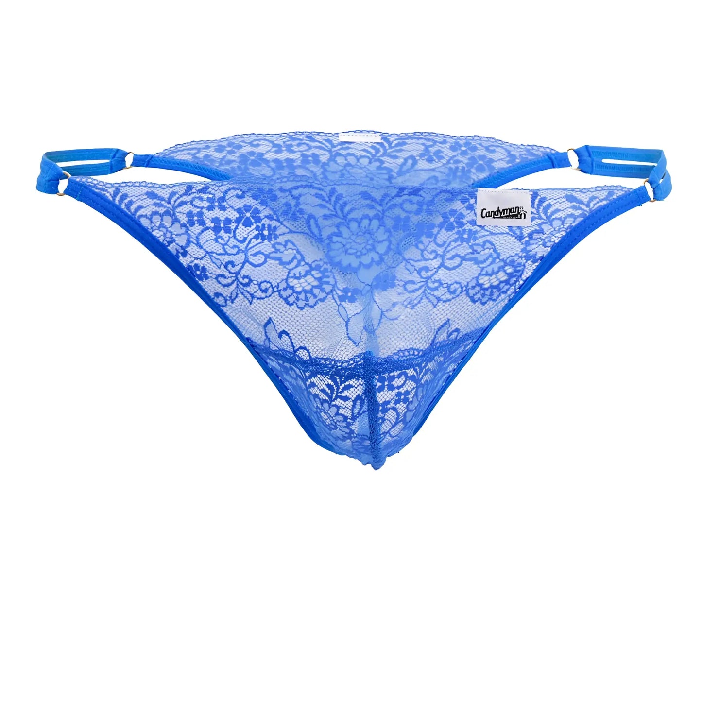 CandyMan 99421X royal blue lace g-string thong with floral pattern and adjustable straps shown from the back