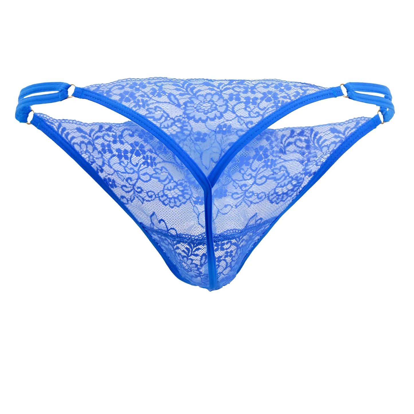 CandyMan 99421X lace g-string thong in royal blue with blue lace floral patterns and elastic straps shown from the back