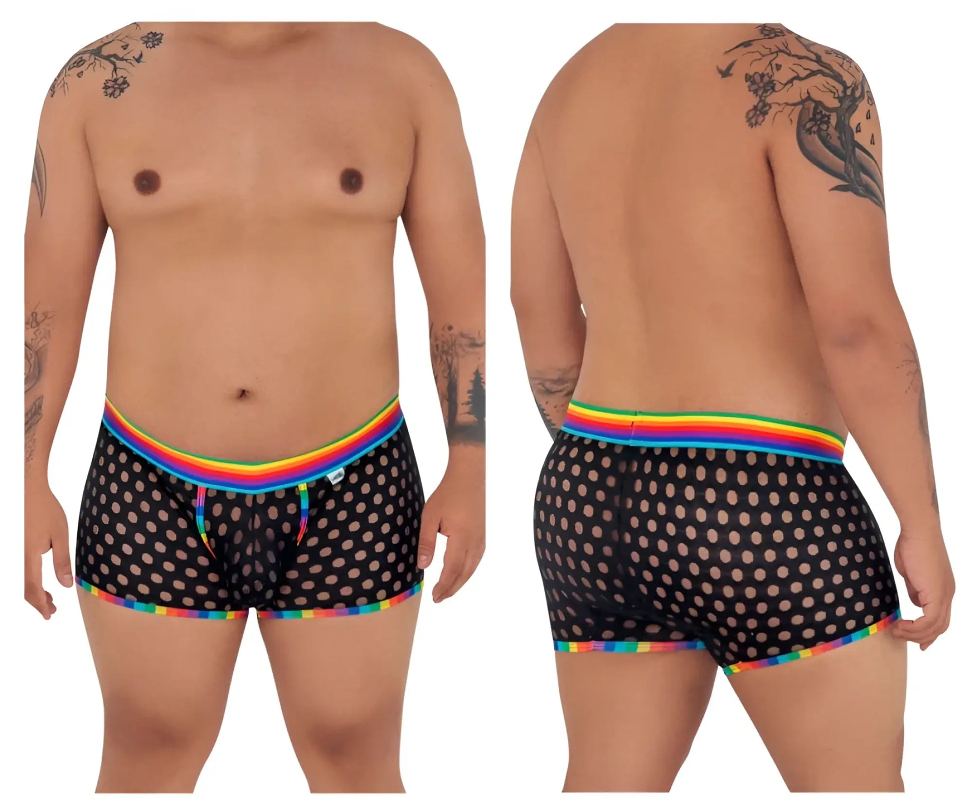 CandyMan 99511X black mesh boxer briefs with polka dot pattern and rainbow trim for stylish comfort