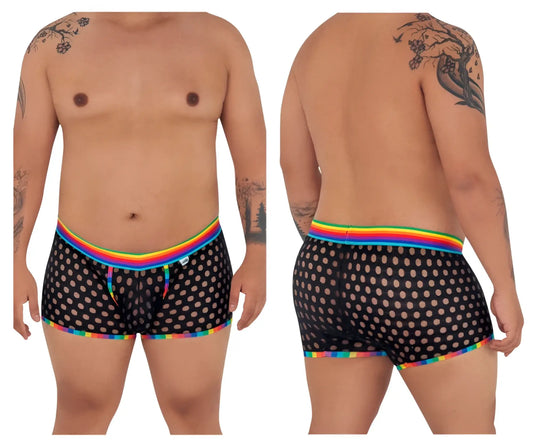 CandyMan 99511X black mesh boxer briefs with polka dot pattern and rainbow trim for stylish comfort