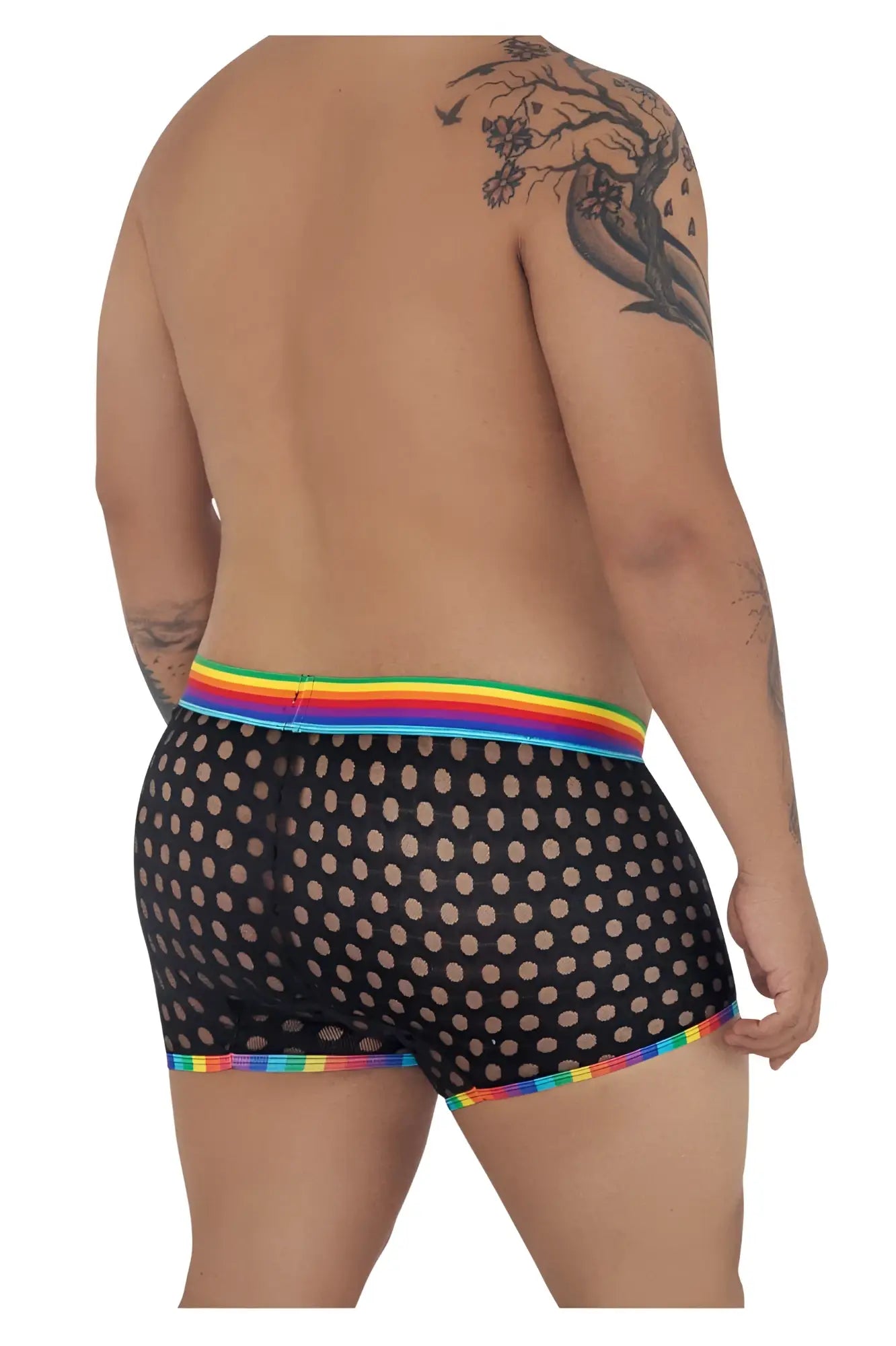 CandyMan 99511X polka mesh trunks black with rainbow elastic waistband and trim featuring a polka dot pattern