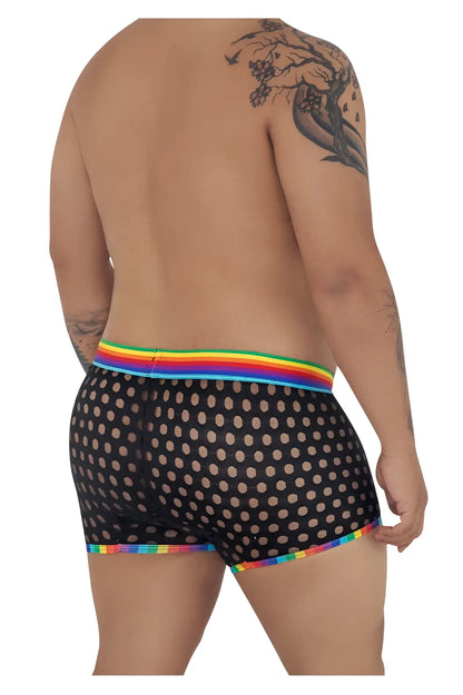 CandyMan 99511X polka mesh trunks black with rainbow elastic waistband and trim featuring a polka dot pattern