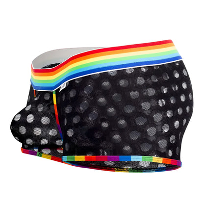 Candyman 99511x black mesh boxer briefs with white polka dots and rainbow striped elastic waistband front view