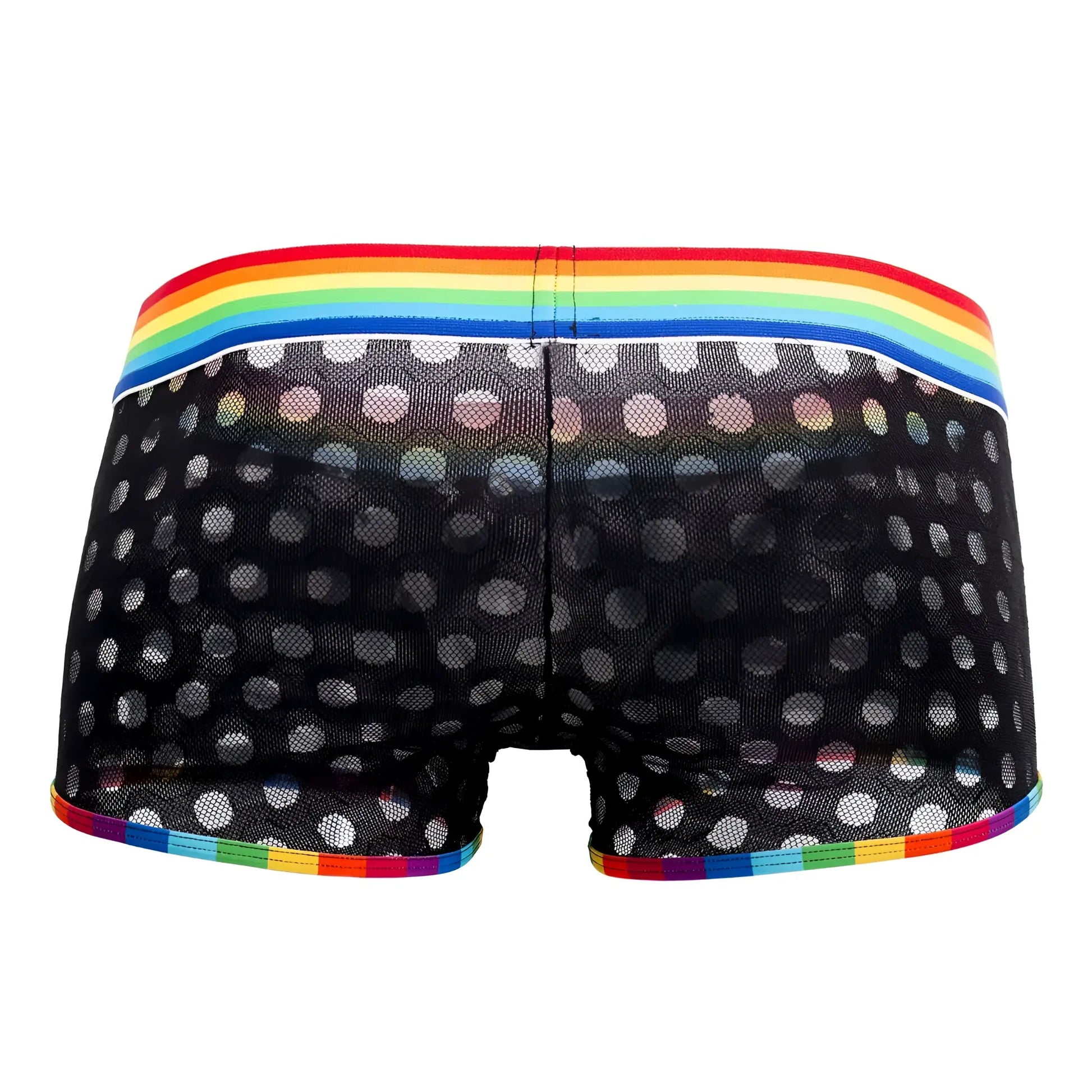 CandyMan 99511X black mesh boxer briefs with white polka dots and rainbow elastic waistband and trim