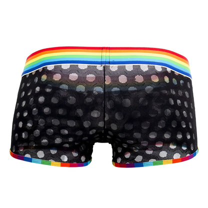 CandyMan 99511X black mesh boxer briefs with white polka dots and rainbow elastic waistband and trim