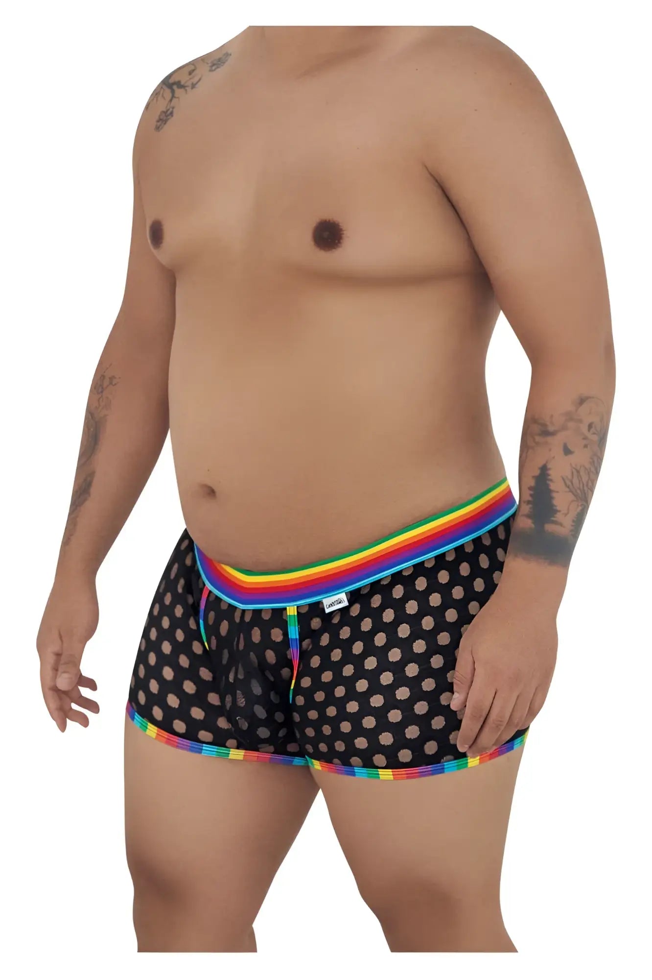 Black polka dot mesh briefs with rainbow trim and a small white CandyMan brand tag in color black-rainbow