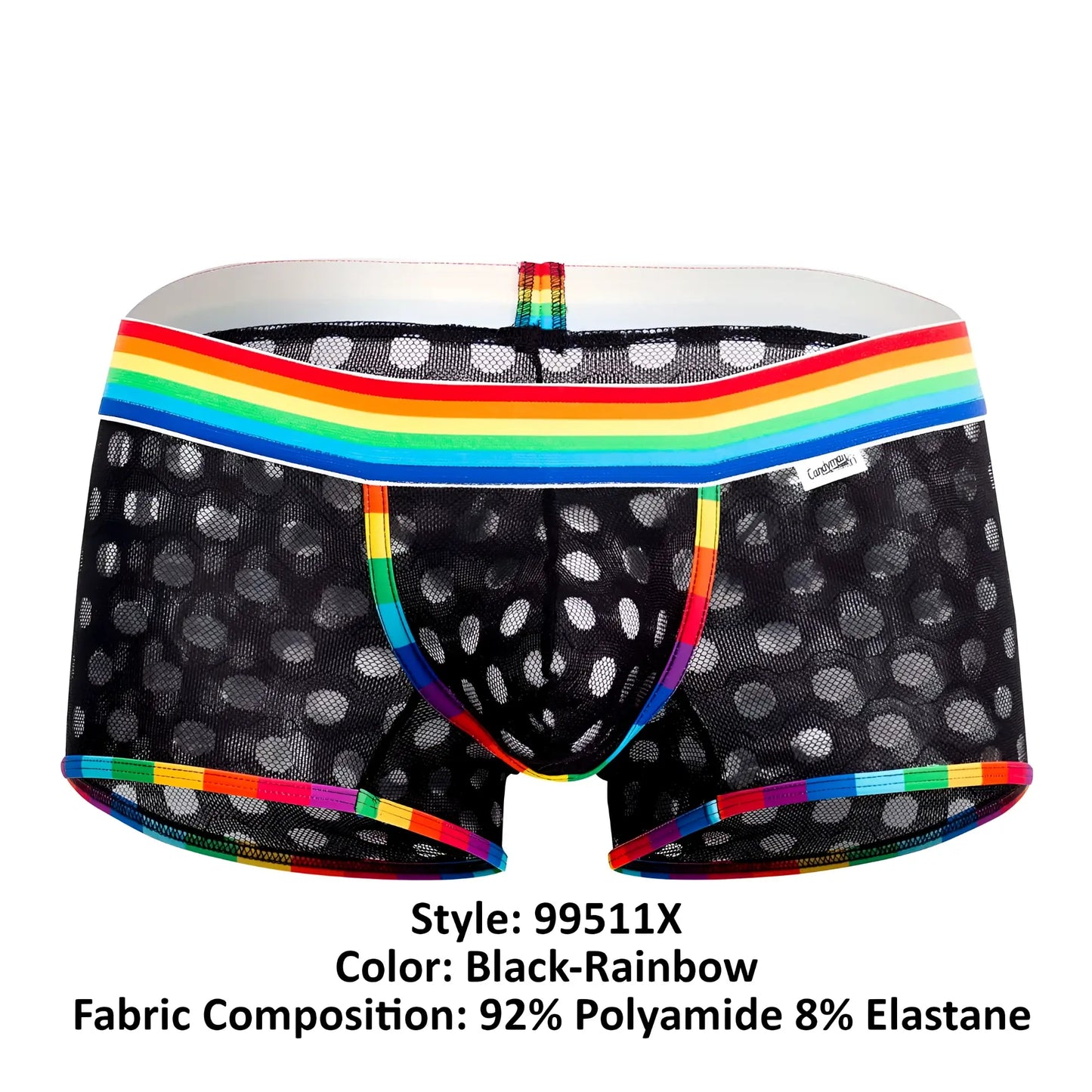 CandyMan 99511X polka mesh trunks black with white dots and rainbow-striped waistband and leg openings in mesh fabric