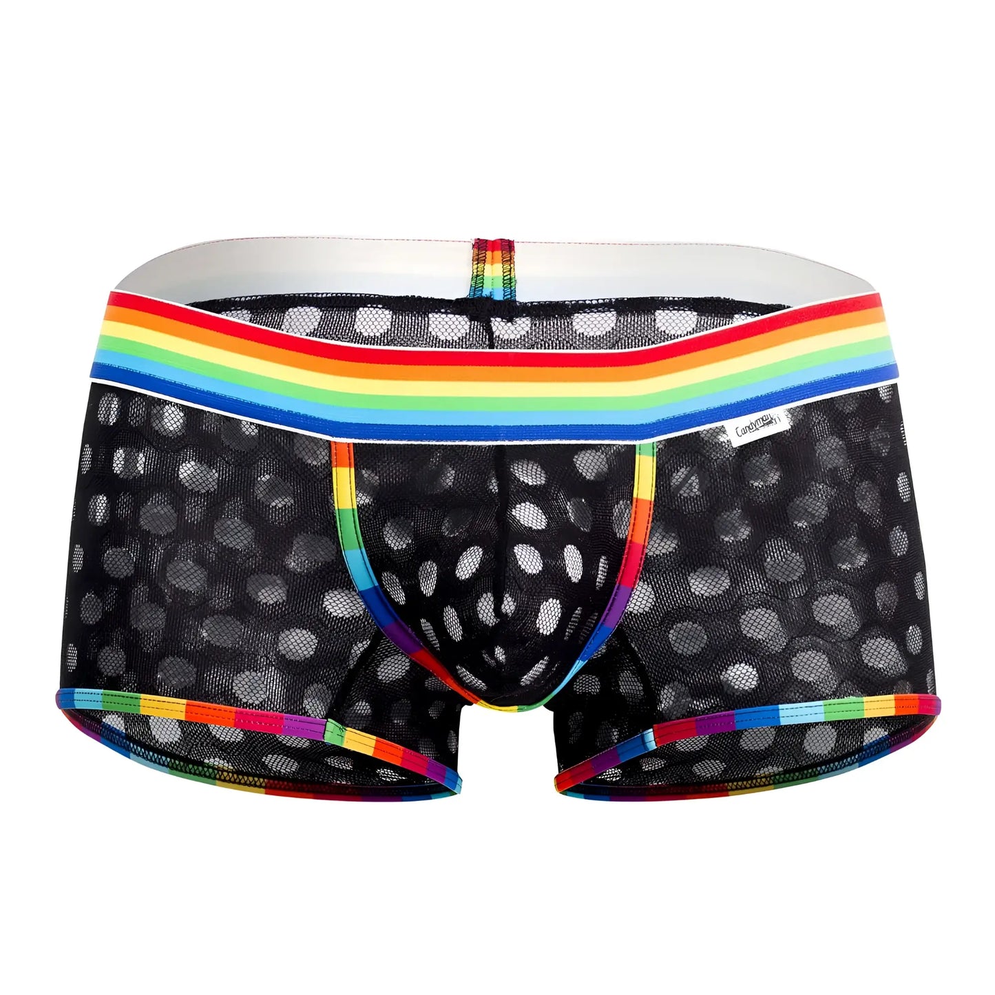 Black mesh briefs with white polka dots and rainbow-striped waistband by candyman model 99511x polka mesh trunks