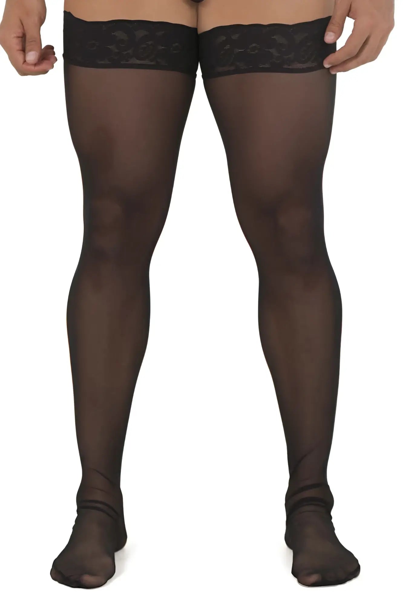 CandyMan 99533 mesh thigh highs in black featuring sheer mesh material and intricate lace trim at the top