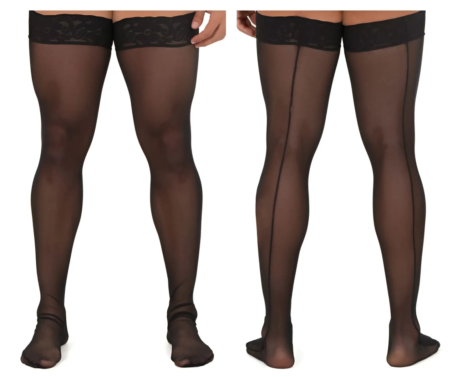 CandyMan 99533 black sheer mesh thigh highs with lace trim and central seam front view