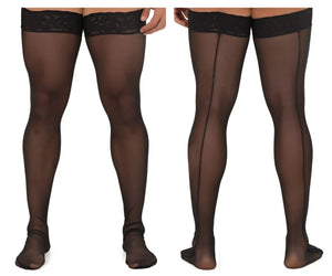 CandyMan 99533 black sheer mesh thigh highs with lace trim and central seam front view