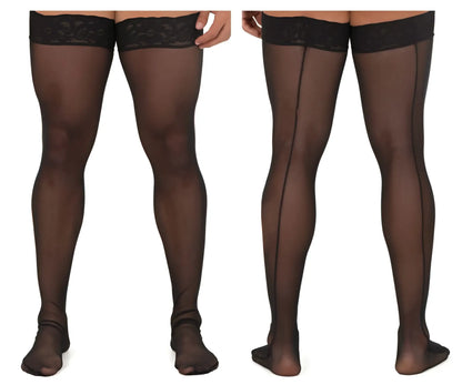 CandyMan 99533 black sheer mesh thigh highs with lace trim and central seam front view