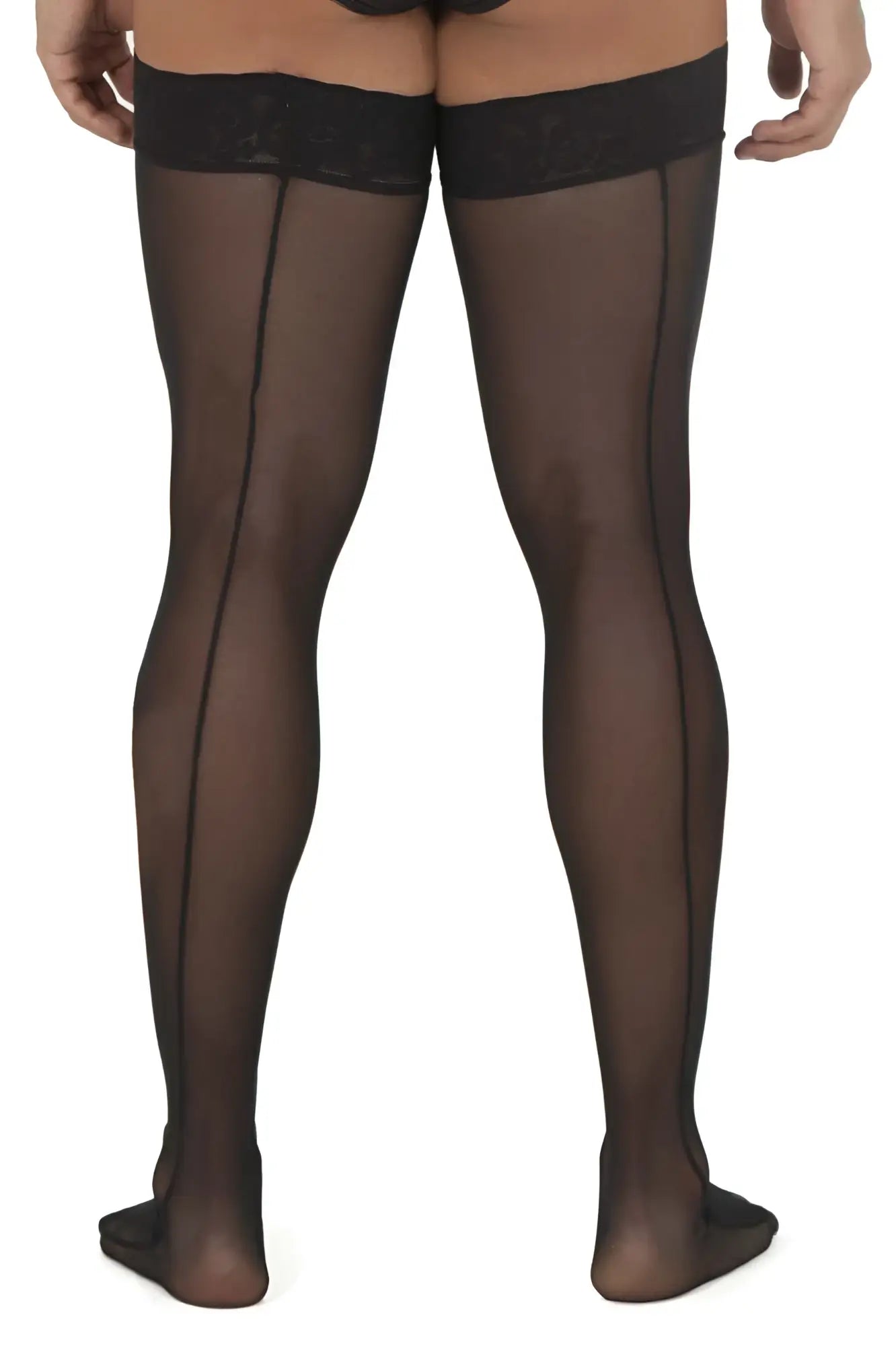 Black candyMan 99533 mesh thigh highs with sheer fabric lace trim and central seam for elegant lingerie look