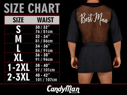Black mesh vest with best man scripted in white worn over black shirt and shorts for candyMan 99533 red mesh thigh highs