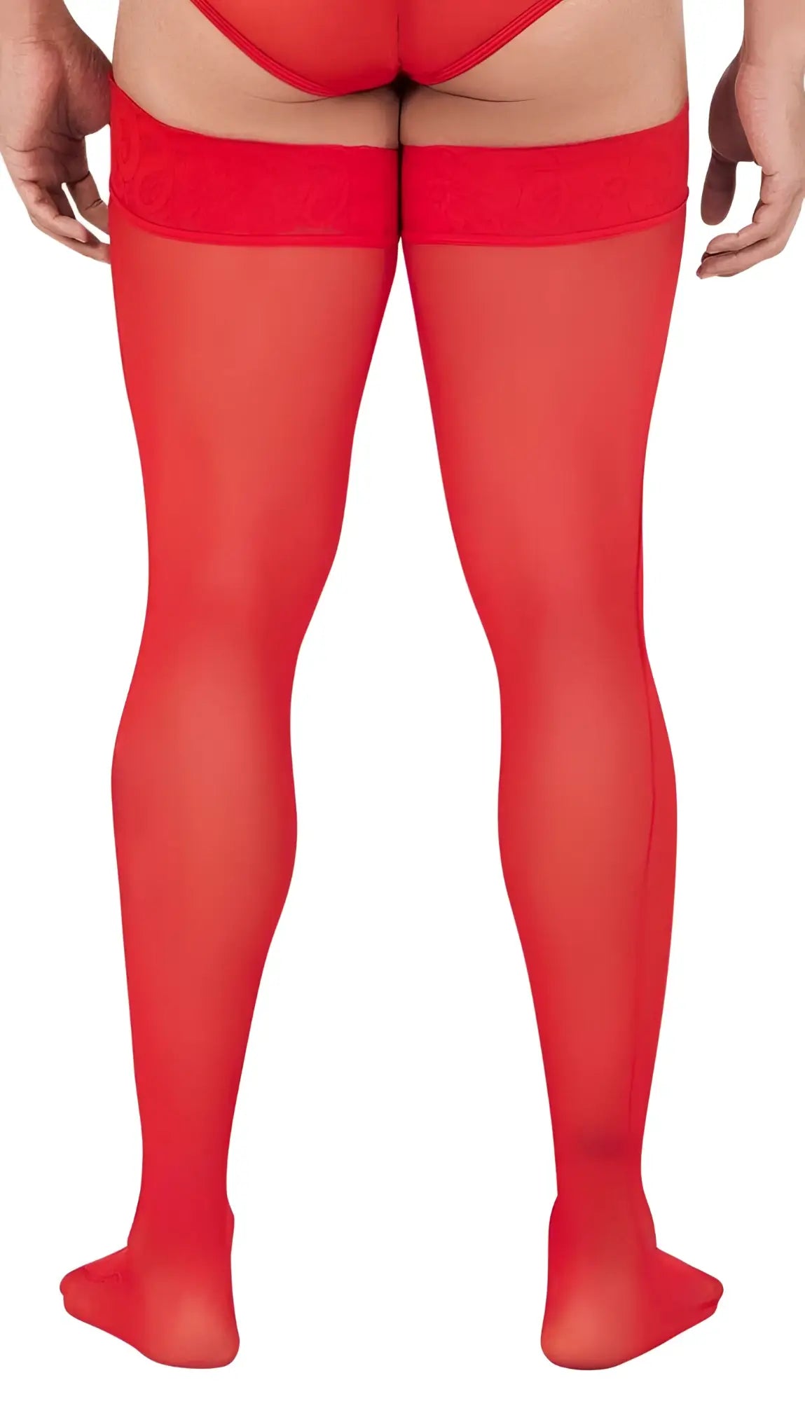 Red CandyMan 99533 mesh thigh highs with sheer fabric and lace trim at the top for stylish legwear