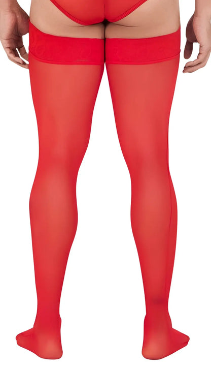 Red CandyMan 99533 mesh thigh highs with sheer fabric and lace trim at the top for stylish legwear