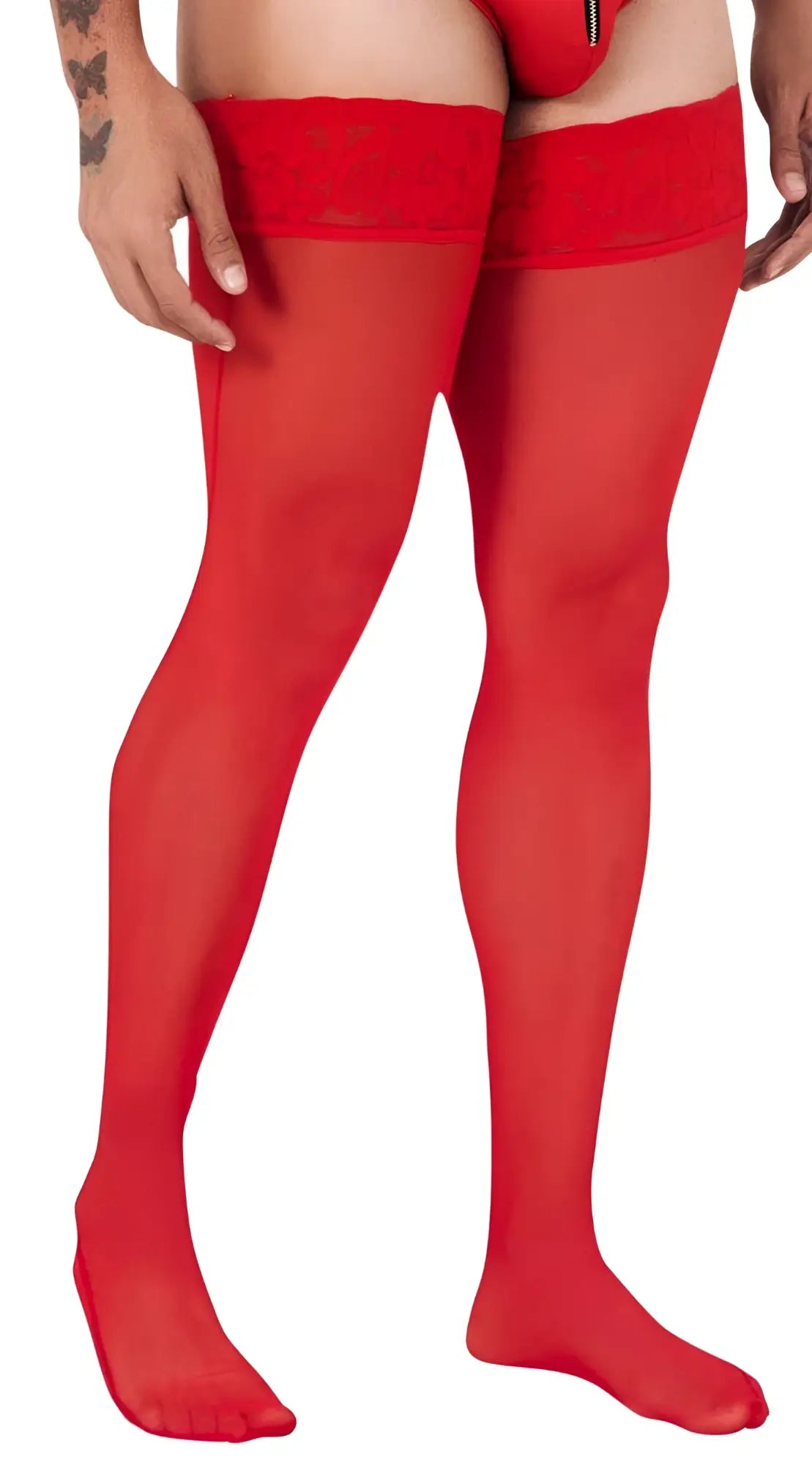Red sheer mesh thigh high stockings with lace trim at the top by candyman in color red