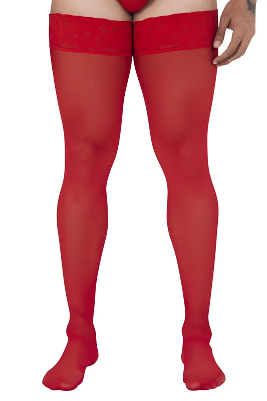Red candyMan 99533 mesh thigh highs with sheer fabric and lace trim for a bold and elegant look