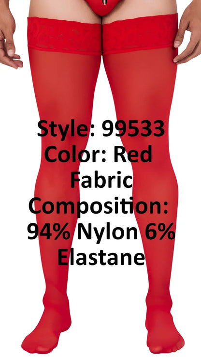 Red sheer mesh thigh high stockings with lace trim top made of 94% nylon 6% elastane candyman 99533 color red