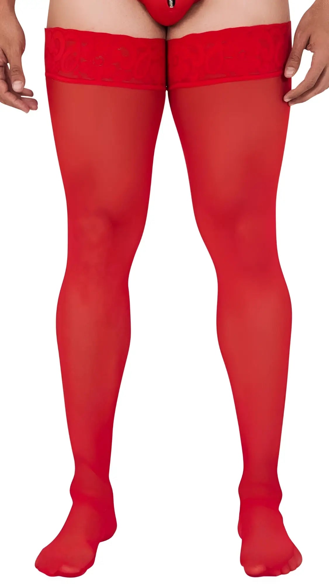 Red sheer mesh thigh high stockings with lace trim at the top candyMan 99533 in red color