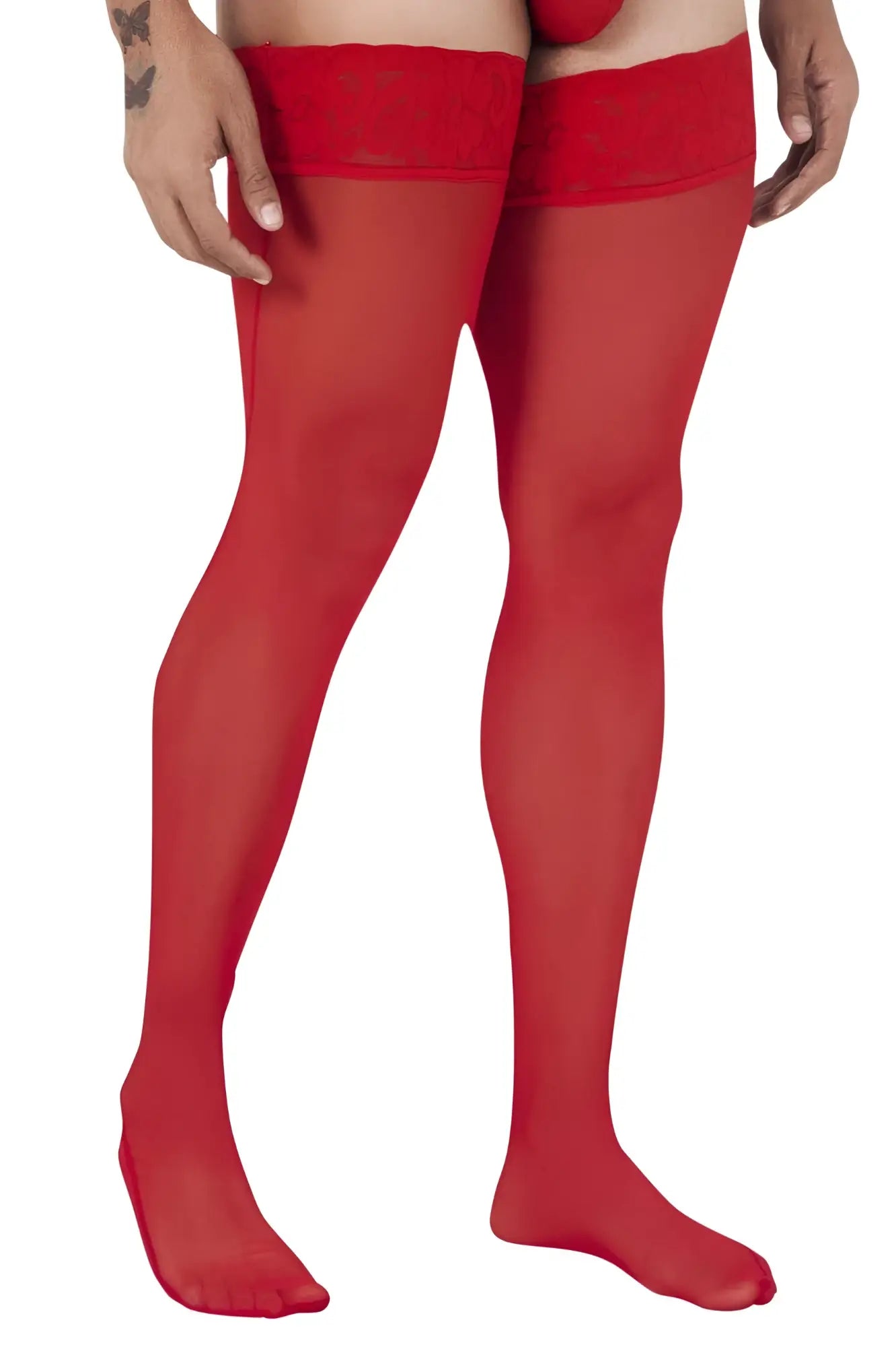 CandyMan 99533 mesh thigh highs in red sheer fabric with a solid elastic band at the top