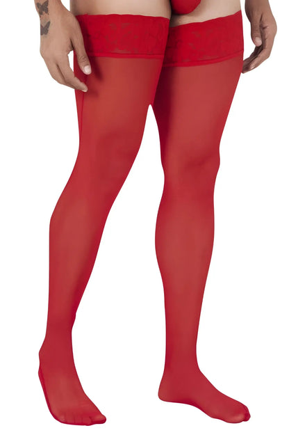 CandyMan 99533 mesh thigh highs in red sheer fabric with a solid elastic band at the top