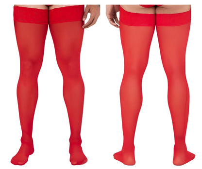 Red CandyMan 99533 mesh thigh highs featuring sheer fabric and a solid elastic band at the top