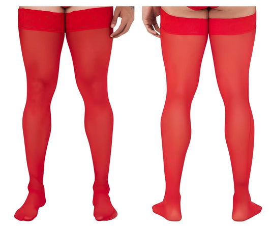 Red CandyMan 99533 mesh thigh highs featuring sheer fabric and a solid elastic band at the top