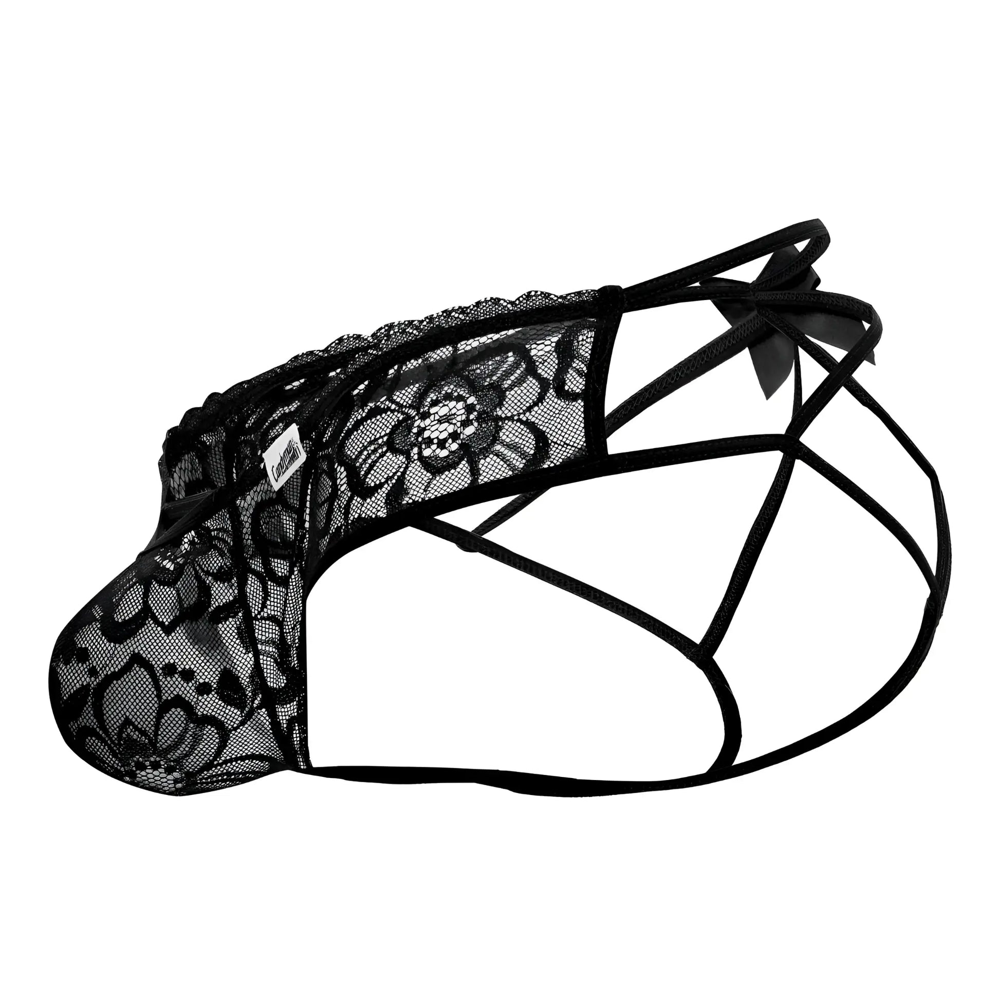 Black lace mens underwear with floral pattern and crisscross straps candyMan 99535 bow jockstrap in black