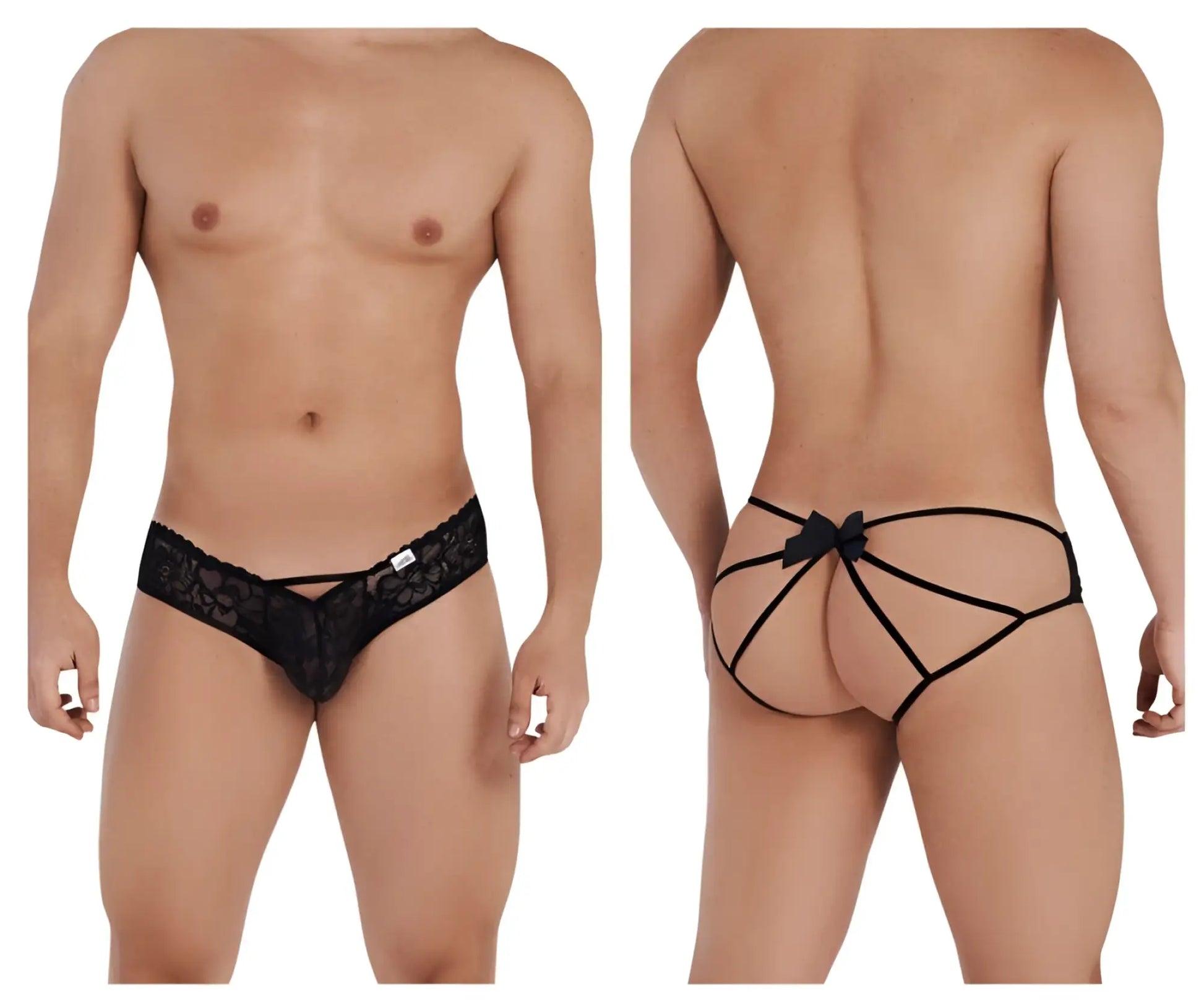 Back view of candyMan 99535 black lace thong bow jockstrap with crisscross straps and bow detail