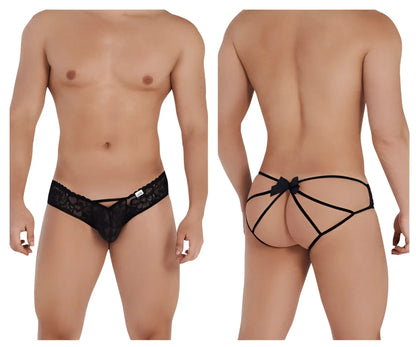 Back view of candyMan 99535 black lace thong bow jockstrap with crisscross straps and bow detail
