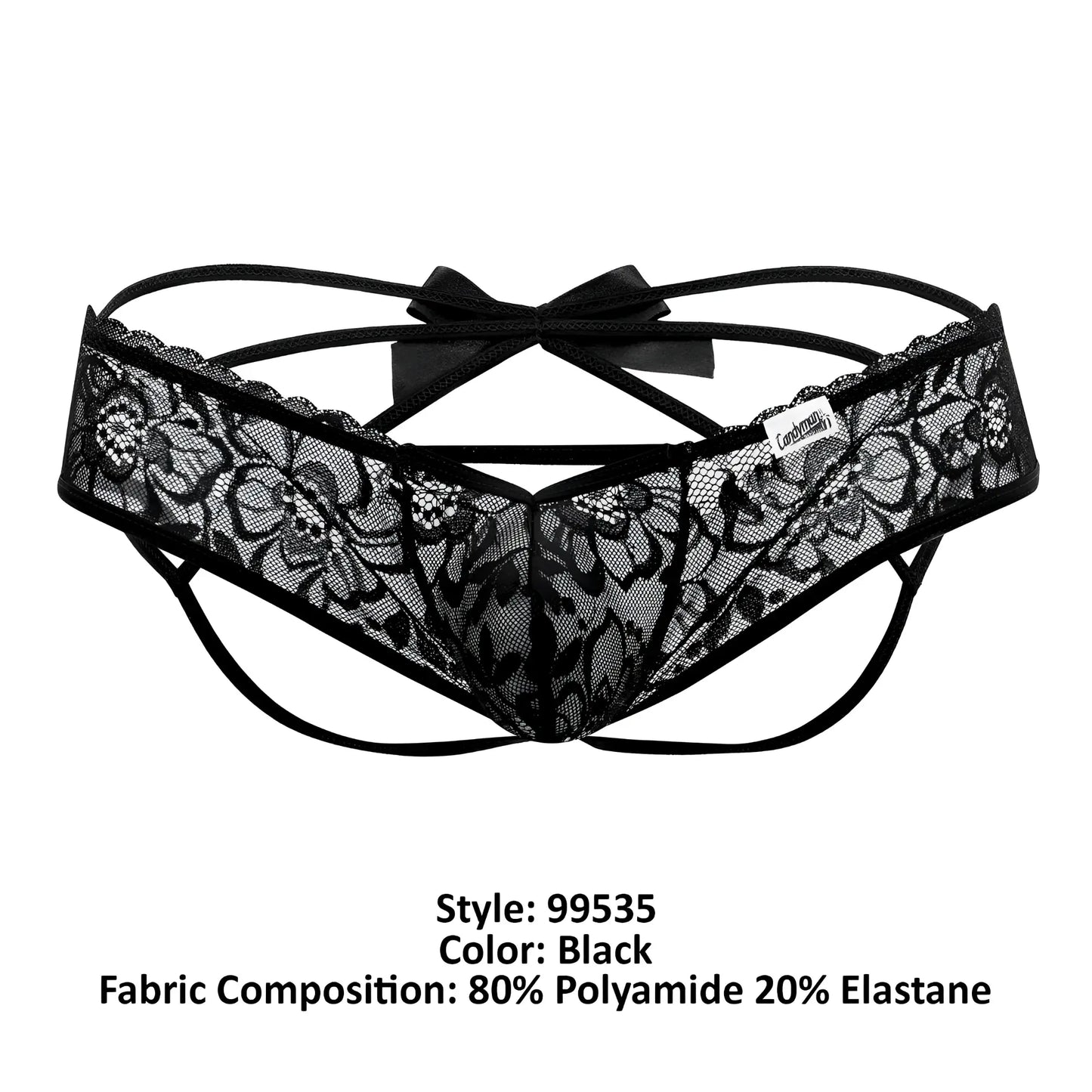 Black lace thong candyMan 99535 bow jockstrap back view with floral pattern and central bow in black color