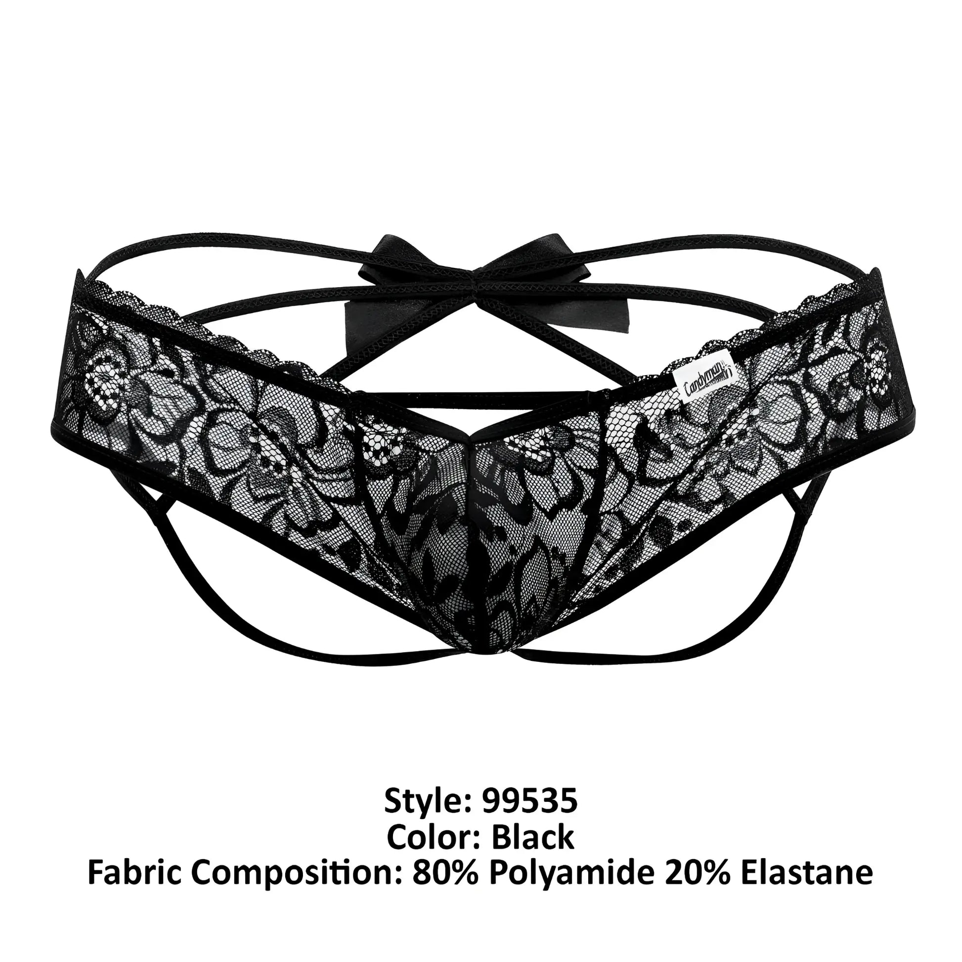 Black lace thong candyMan 99535 bow jockstrap back view with floral pattern and central bow in black color