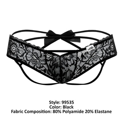 Black lace thong candyMan 99535 bow jockstrap back view with floral pattern and central bow in black color