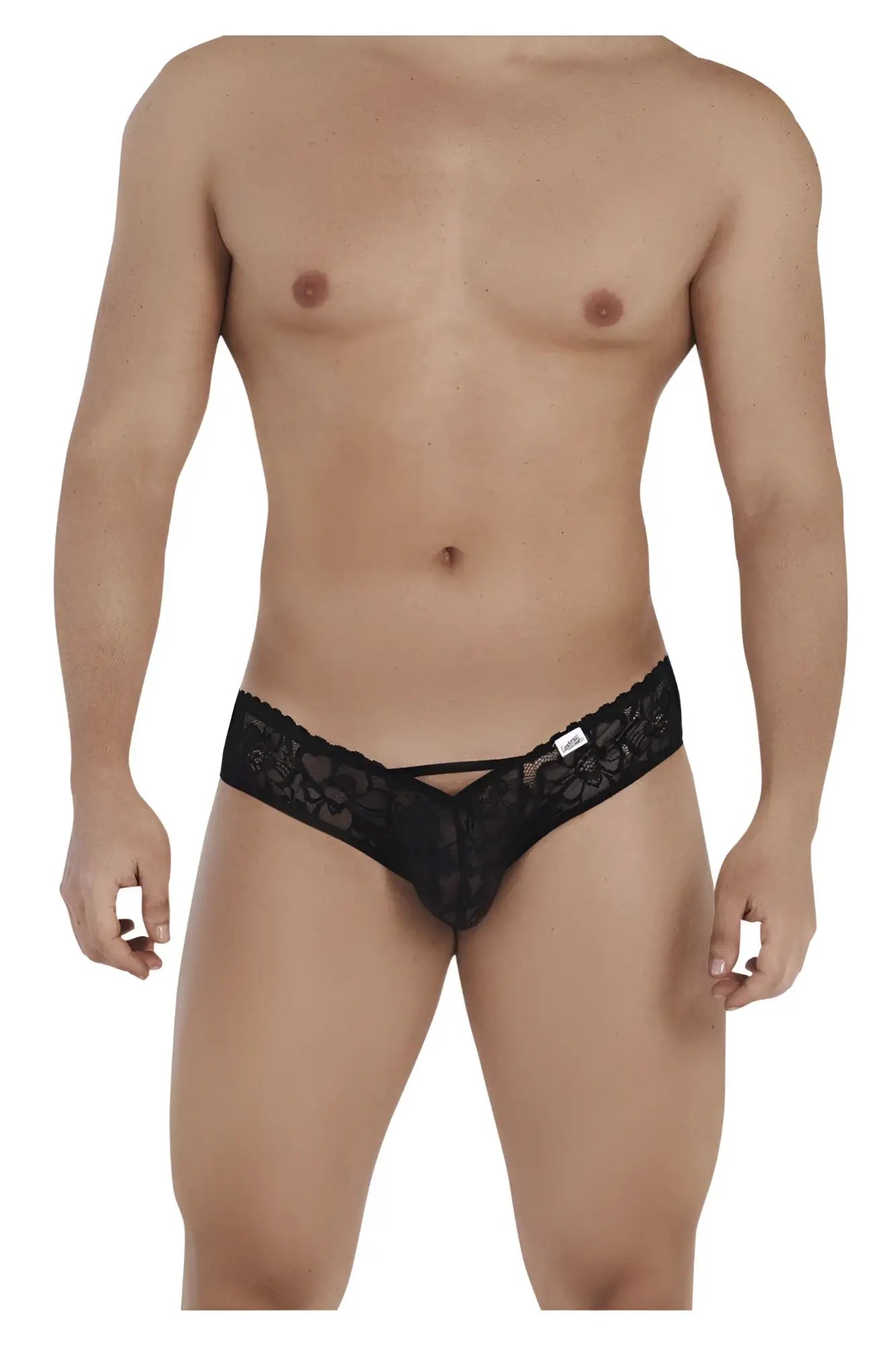 Black lace thong candy man 99535 bow jockstrap with floral pattern and white tag on waistband in black color