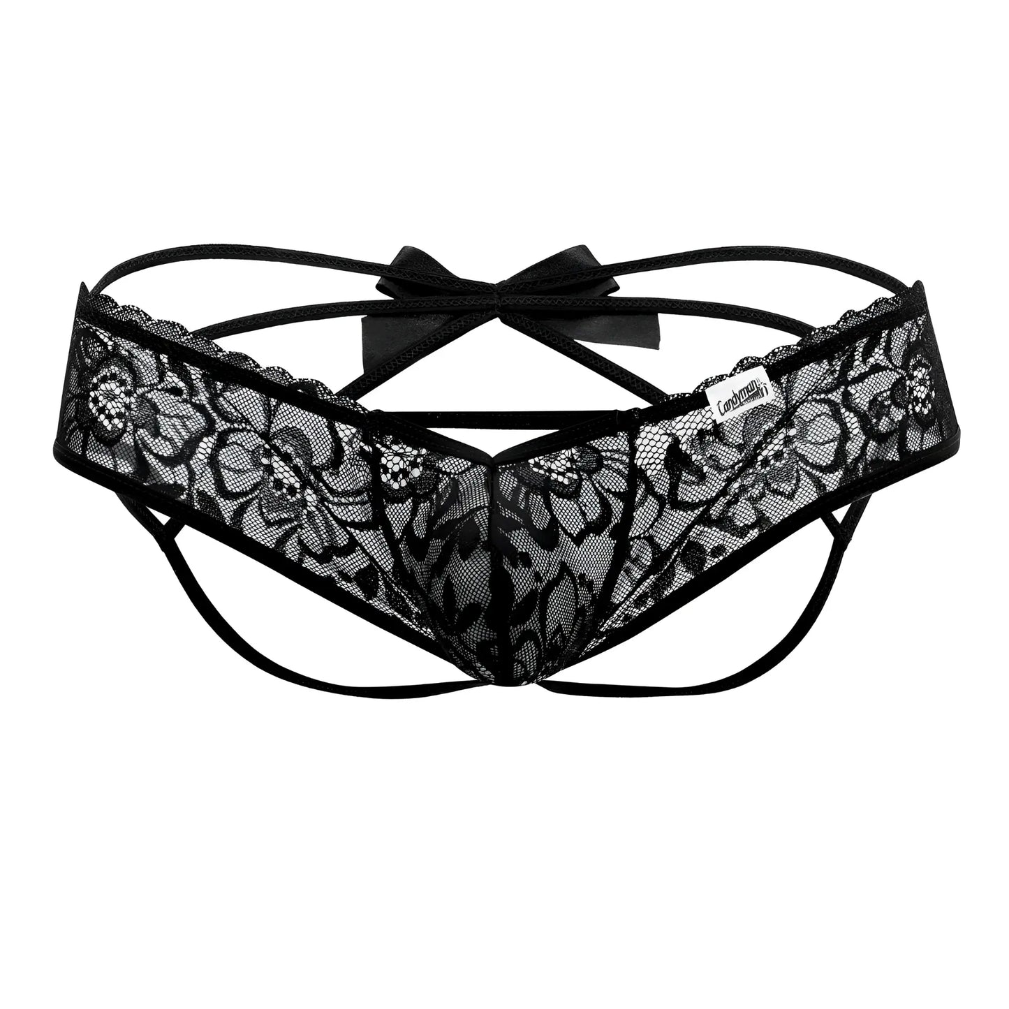 Black lace thong with floral pattern and satin bow at the back candyMan 99535 bow jockstrap in black